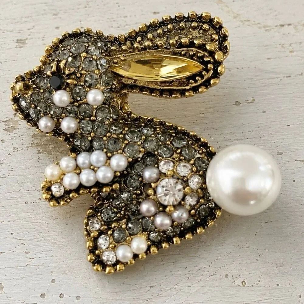 Rabbit Lapel Pin Pearl Tail Pavé Gold Tone Bunny Brooch